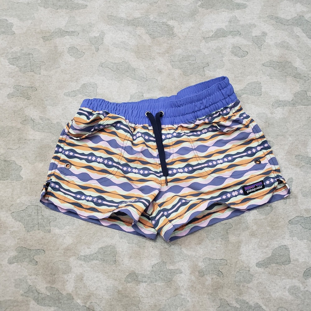 Patagonia Baggies Shorts Youth Medium Blue Wavy Geometric Swim Trunks Drawstring